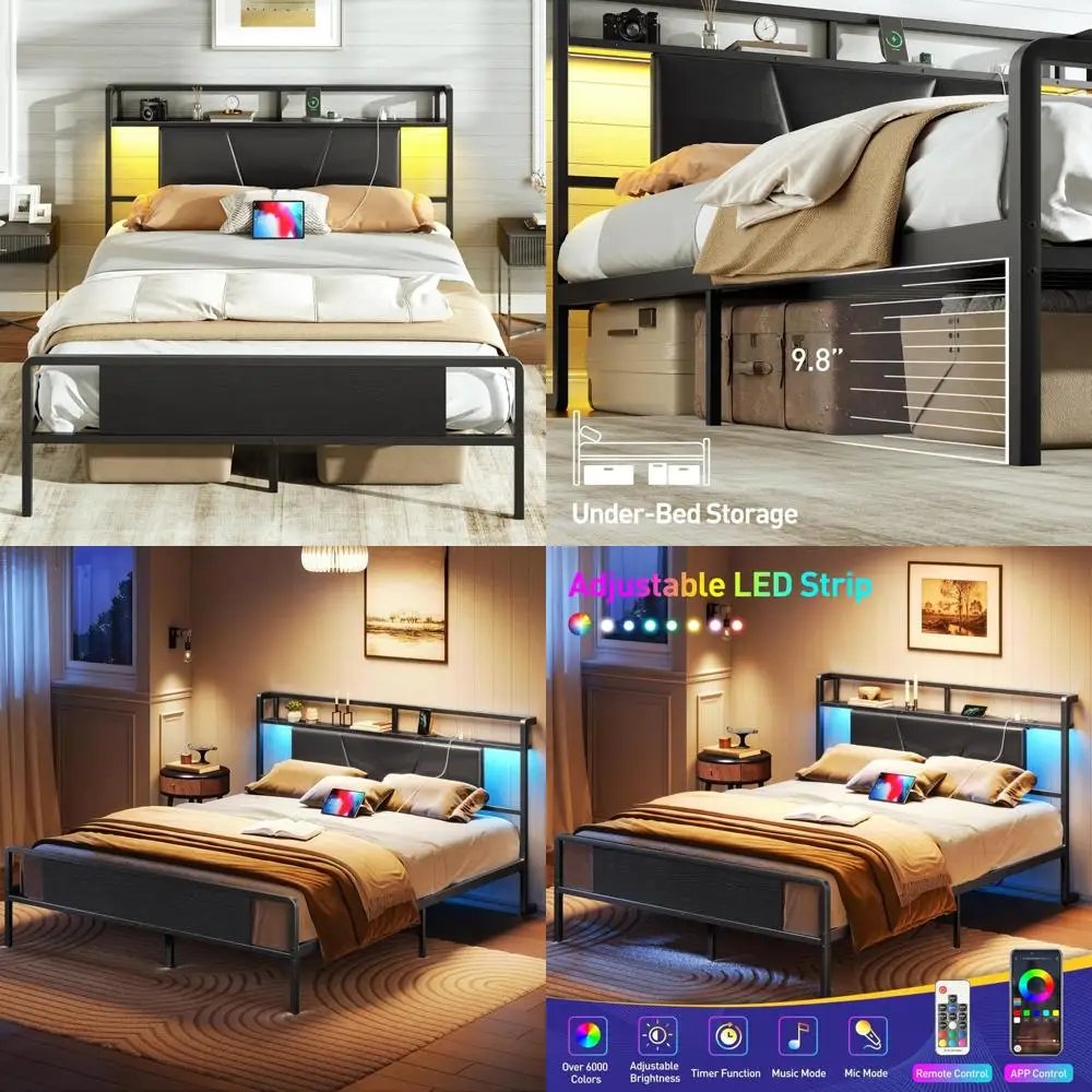 

Upholstered Headboard Full Bed Frame with LED Lighting and Charging Station, Metal Platform Bed with Storage Underneath