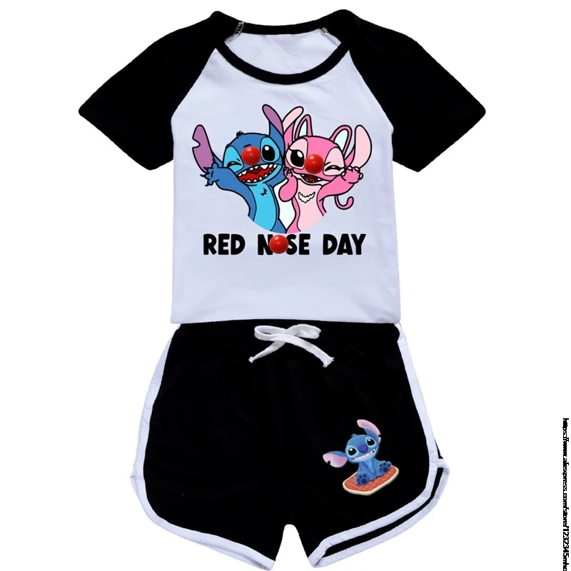 Summer Lilo And Stitch Children\'s Pajamas Short Sleeve Girls Boys Home Clothes Set Pajama Sleepwear Robe Clothing Mother Kids