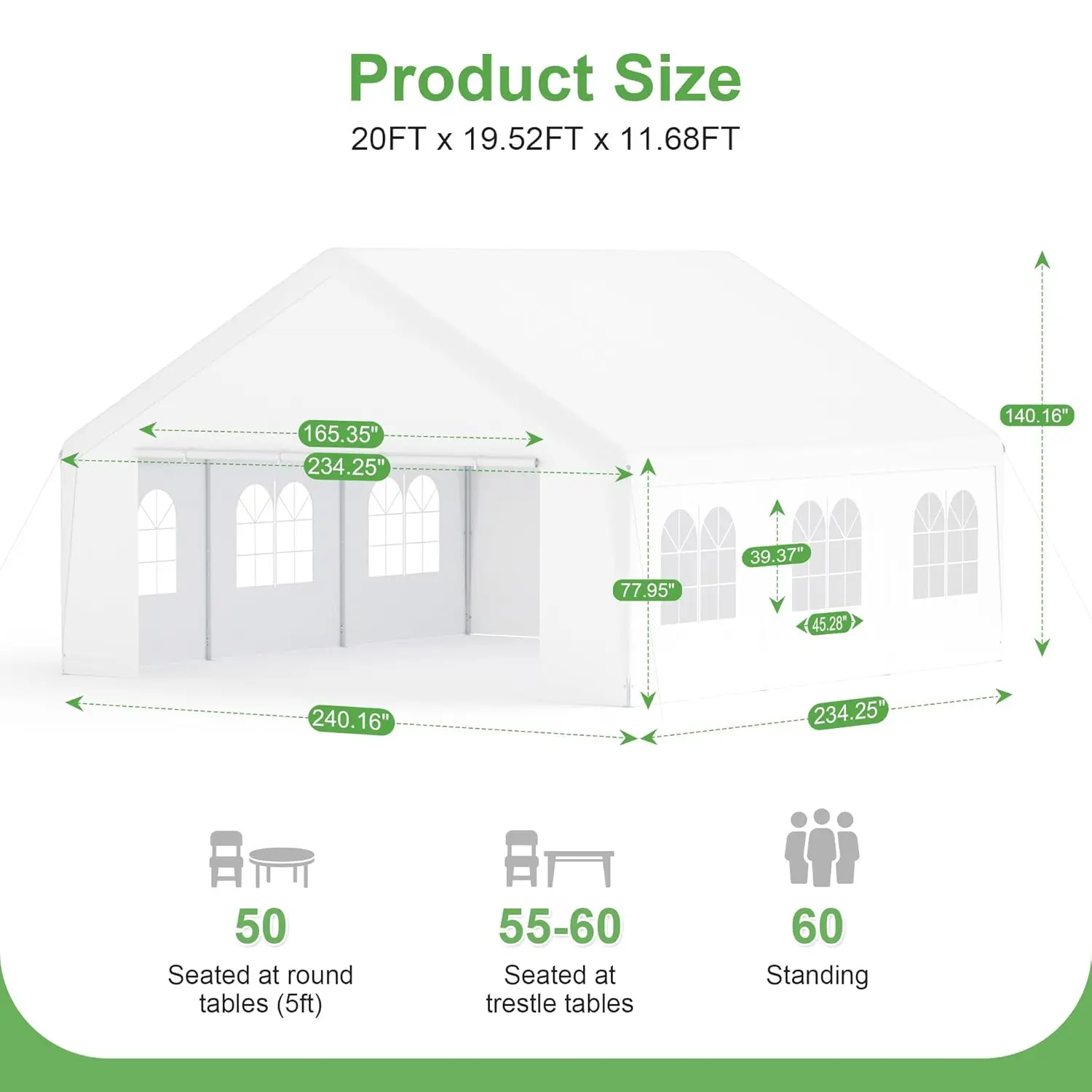 Party Tent, 20’ x 20’ Heavy Duty Outdoor Canopy Tent All-Season Tarp & Removable Sidewall Waterproof Carport, Customized