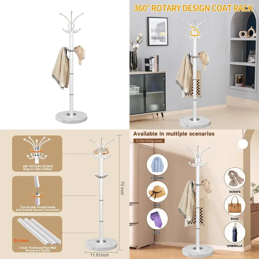 

Стильный 360 ° Вращающаяся вешалка для одежды с 14 крючками и основанием из натурального мрамора для дома, офиса, прихожих