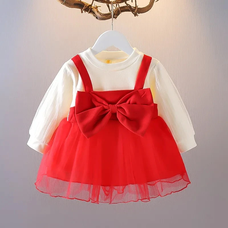 Toddler Baby Girl\'s Long Sleeve Dress with Bow Children Cute Fake Two Pieces Princess Dresses for Girls Outfits Clothing 2 3 4 5