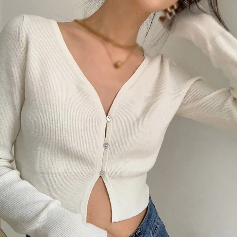 Women\'s Knitted Croppd Tops V-Neck Button Down Cardigan Casual Sexy Navel Exposed Autumn Fashion All-match Long-Sleeved Pullover