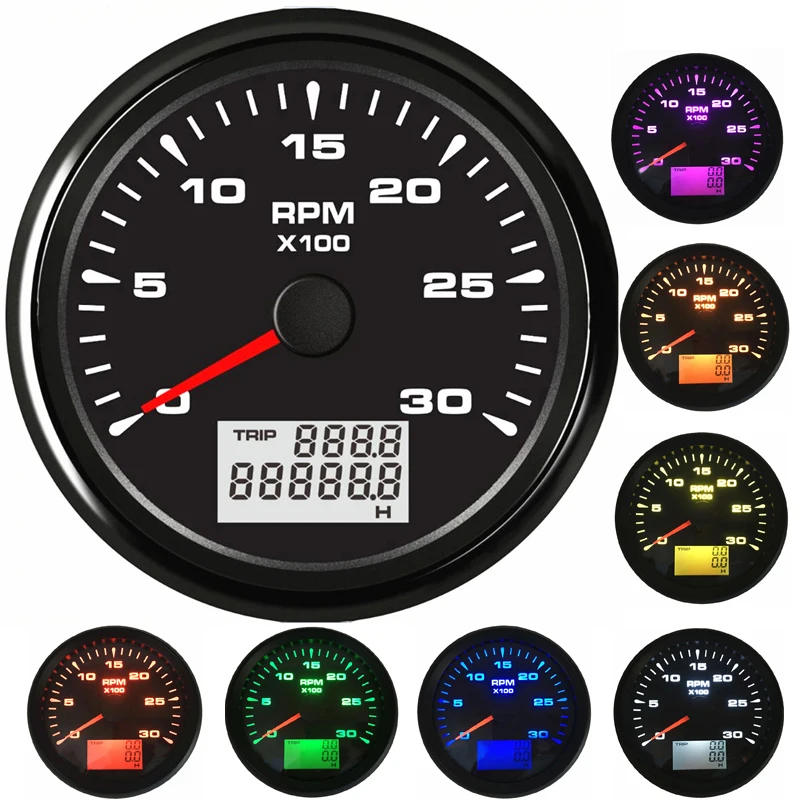 

85mm Point Tachometers Gauges 0-3000RPM Black Revolution Meters with Hourmeters 9-32vdc Red Blue Green Backlight for Car Ship RV