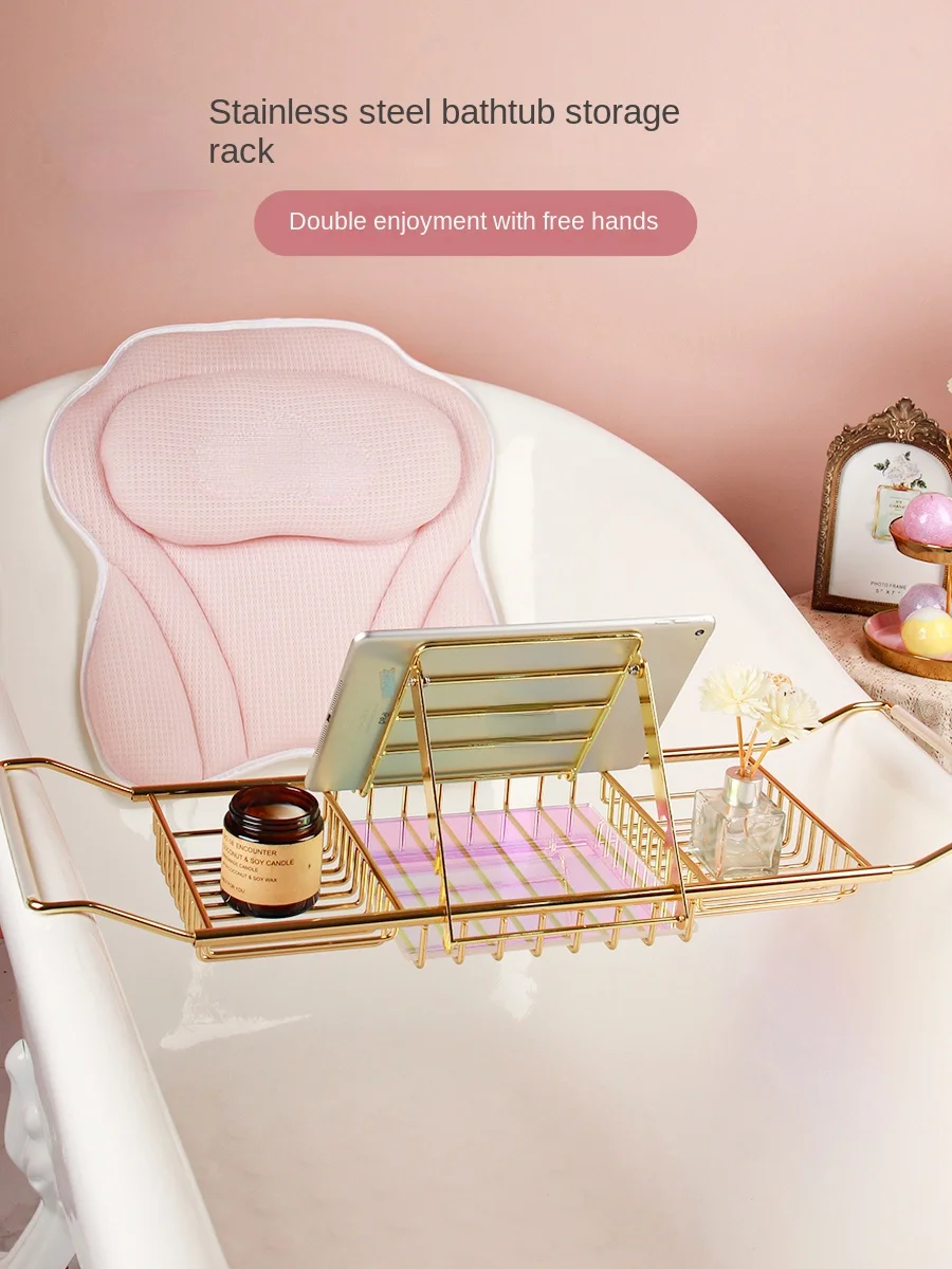 Golden Bathtub Storage Rack Retractable Bathtub Tray Non-Slip Stainless Steel Bathtub Storage Rack