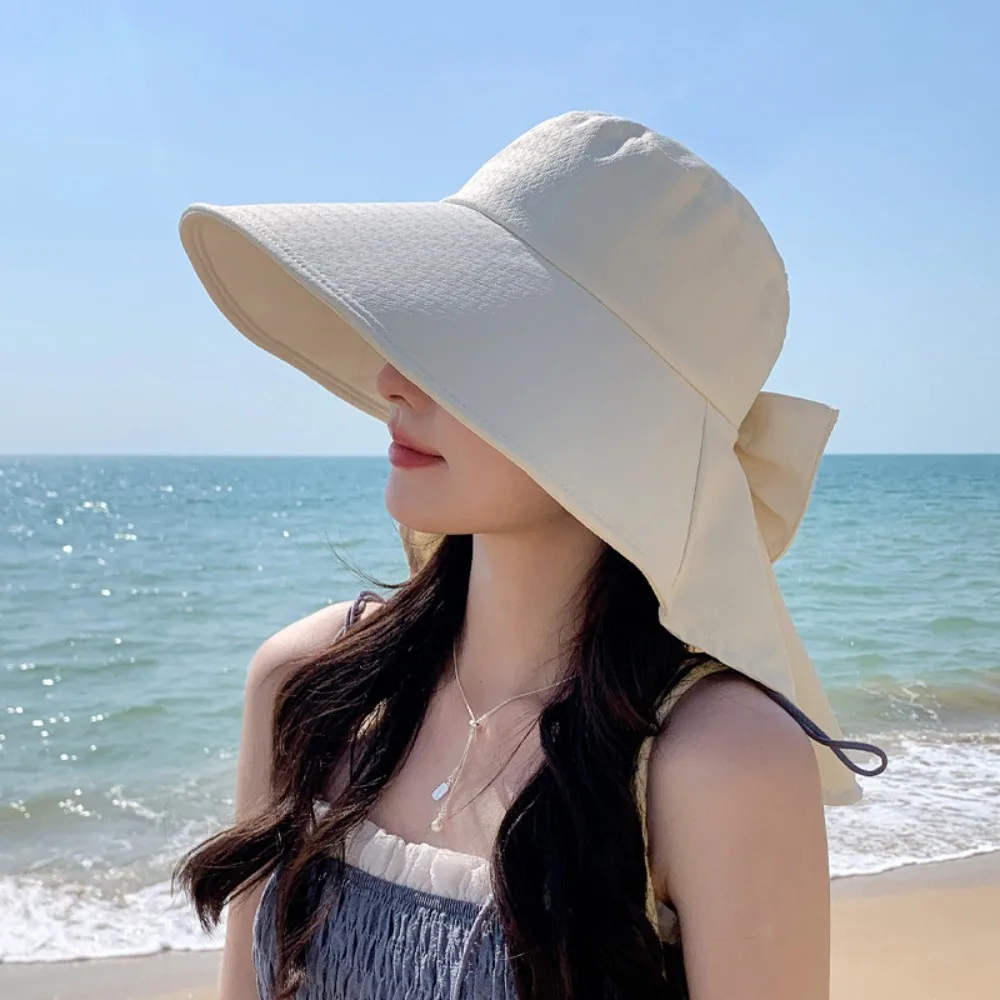 

Fashion UV Protection Bow Bucket Hat Portable Sunscreen Outdoor Sun Hat Adjustable Wide Brim Fisherman Cap Summer
