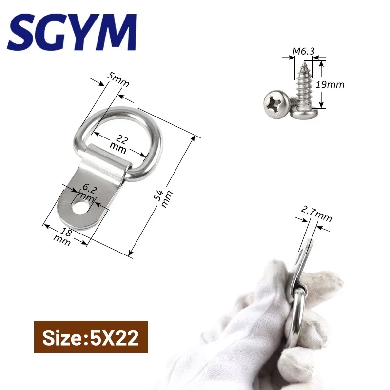 6/8pcs 5*22mm 304 Stainless Steel D Ring Picture Hangers with Screws D Ring Hanging Single Hole D Anchors Hooks