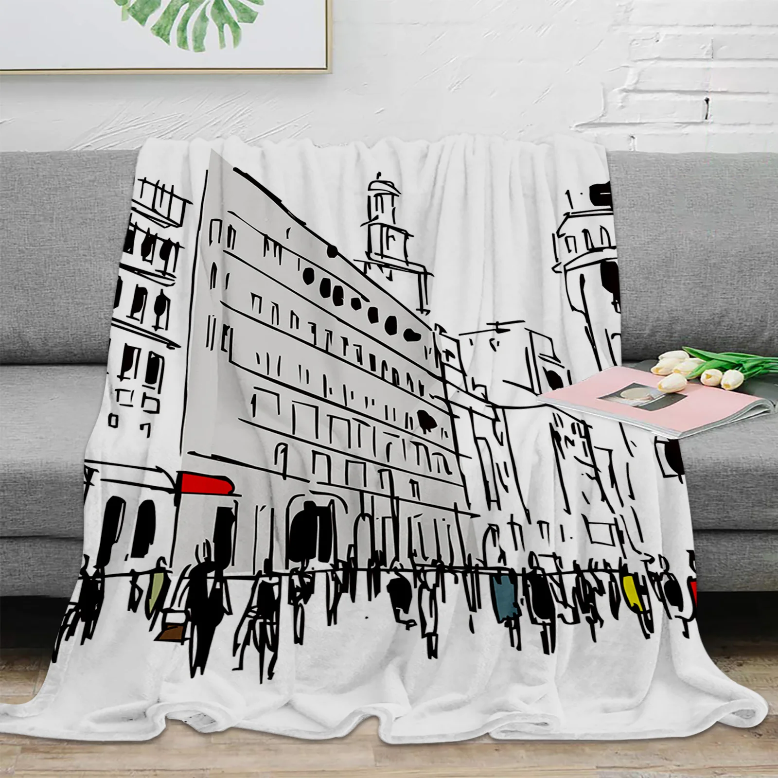 Throw Blanket Urban Architectural Sketch Blanket Soft Comfortable Plush Blankets Warm Sofa Bed Sheets