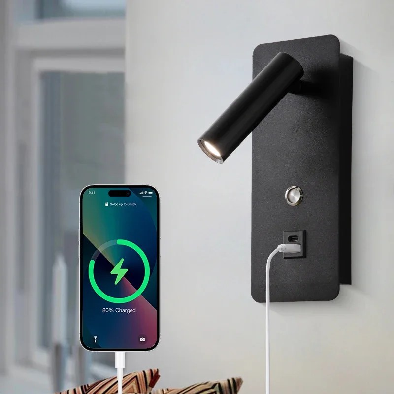 LED Reading Wall Light Mobile Phone USB Charging Rotating Wall Lamp Bedroom Bedhead Living Room Background Decorative Lighting
