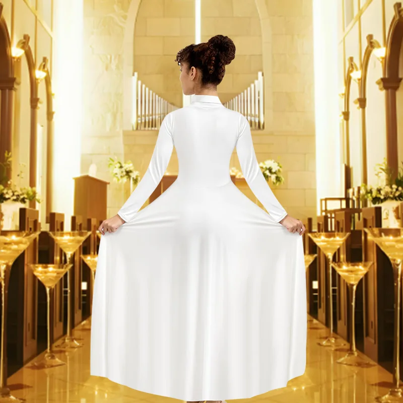 

Женское танцевальное платье с длинными рукавами для взрослых, литургические классические комплекты для поклонения, танцевальная одежда с высокой горловиной и без промежности