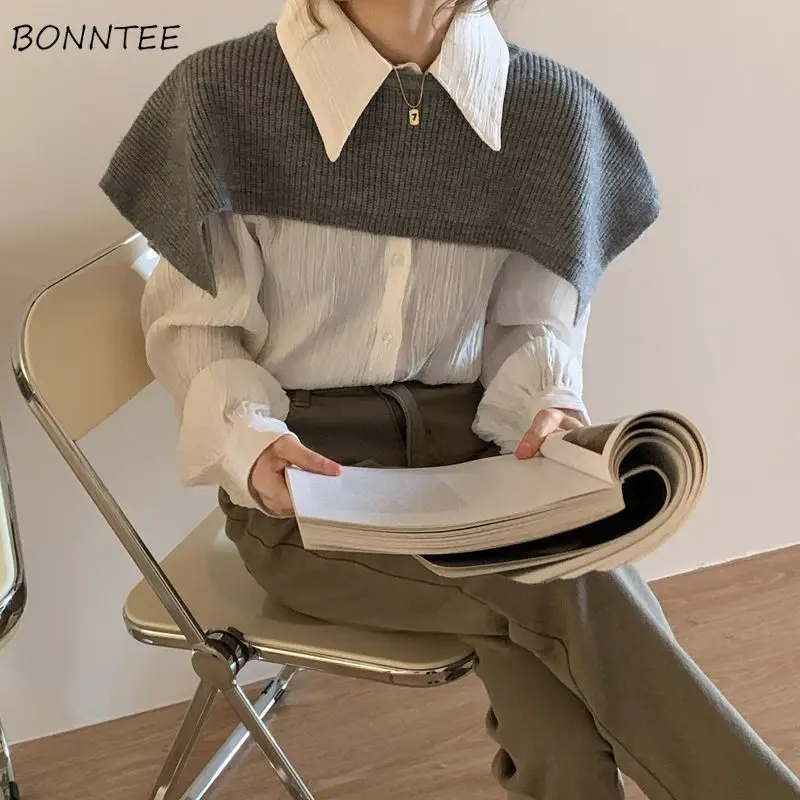 Long Sleeve Shirts Women Office Ladies Vintage Solid All-match Korean Style Chic Tops Loose Folds Turn-down Collar Autumn Cloth