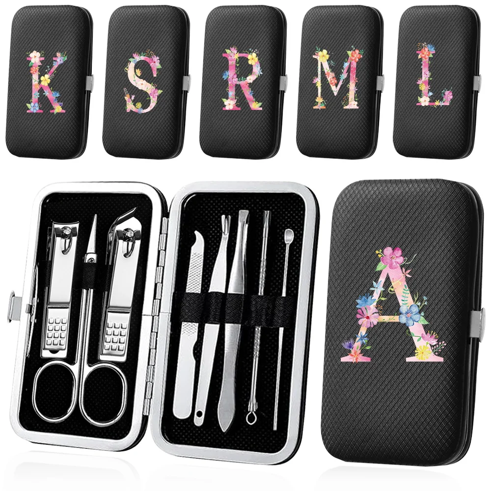 

8Pcs Pocket Manicure Cutters Set Stainless Steel Pedicure Tools Nail Clippers Kit Portable Beauty Organizer Pink Letter Pattern