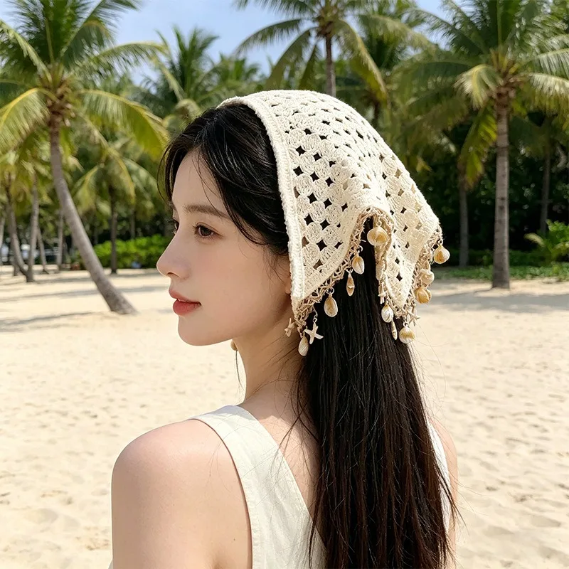 Women Ins Trendy Bohemian Hollow Knit Turban Hat, Versatile Spring Summer Head Wrap Cap With Shell Tassel Pendant