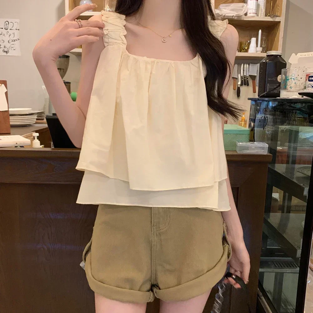 Tube Top Ruffles Tank Top Women Sweet Pleated Fashion Blouse Casual Loose Pretty Style Female Sexy Summer Sleeveless Tees