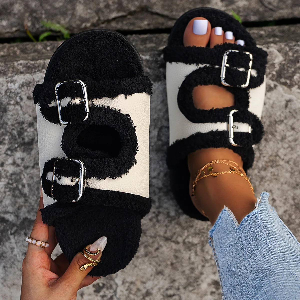 Women Sandals Fluffy SlippersBelt Buckle Decorate Furry Slides Flip Flops Faux Fur Peep Toe Slippers Female Brand Retro Shoes