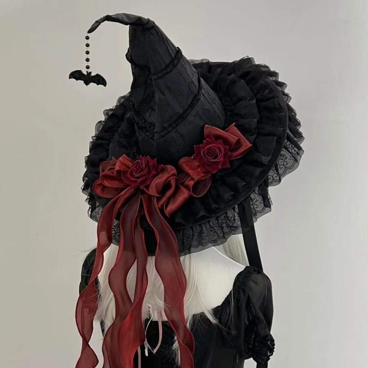 Fait à la main Lolita noir Halloween sorcière Lei Sibonett BNT chapeau nœud papillon chauve-souris dentelle arc fleur couvre-chef femmes Cosplay cheveux accessoires