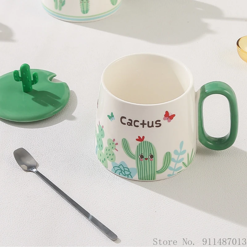 Cartoon Cactus Shape Mug, Ceramic Mark Cup, Cover Handle Spoon Breakfast Coffee Milk Tea Fruit Juice Household items, 380ml, 1Pc