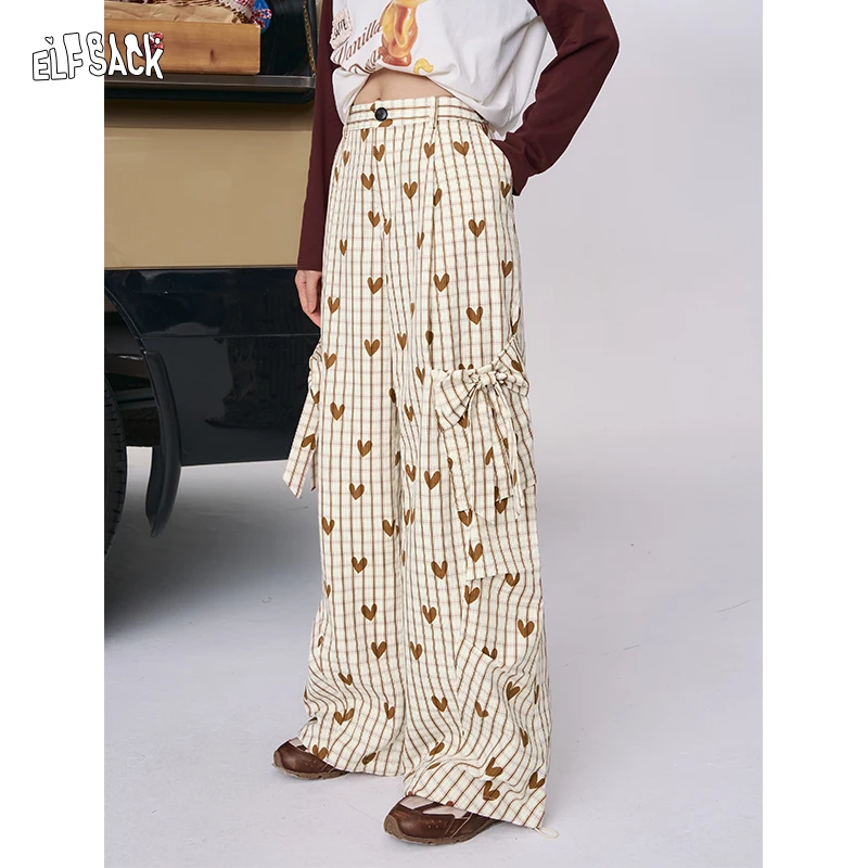 

ELFSACK 2025 Autumn New Arrival Casual Heart Check Wide-Leg Pants Lazy Style Loose Straight Trousers For Woman