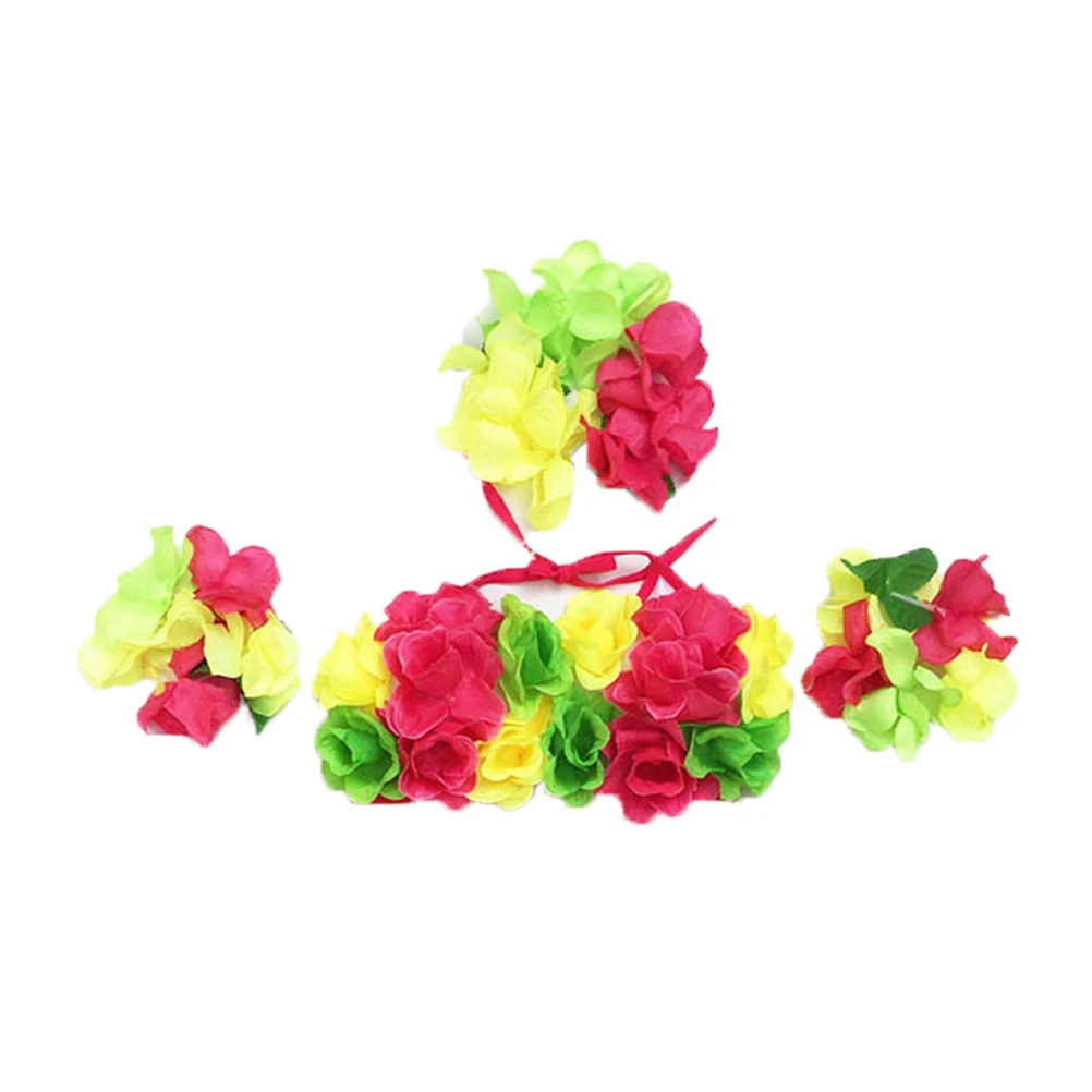 

5pcs Dance Costume Girls Colorful Grass Skirt Dancer Outfits Bikini Hawaii Tropical Party Accessories Set Bra Bracelets