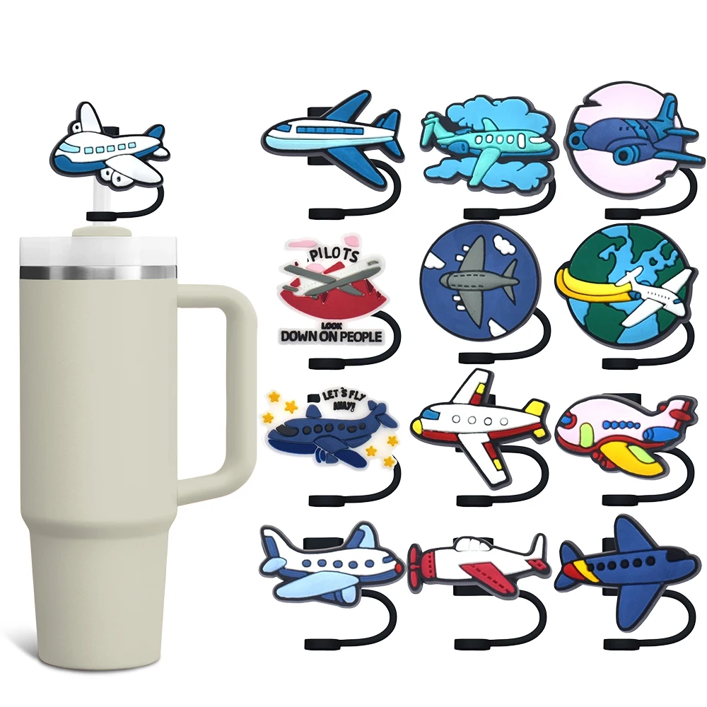 Airplane Cartoon Straw Cover Cap 10MM Silicon Eco-friendly Straw Plug Splash Proof Drinking Cup Charms Pendent Home Party Gift