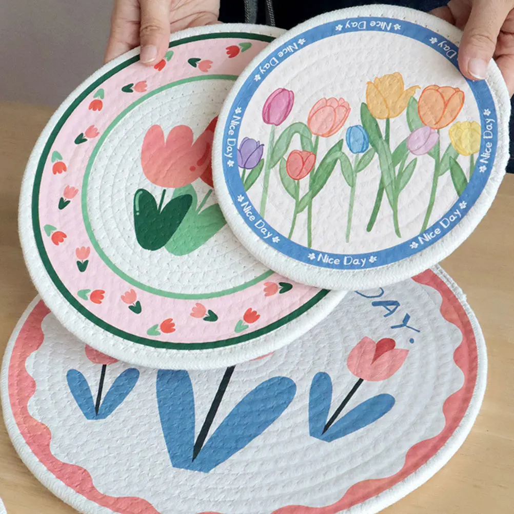 

4pcs Insulated Placemats Heat Resistant Cotton Rope Woven Table Mats Anti-Skid Round Floral Tulip Design Handwoven Fabric
