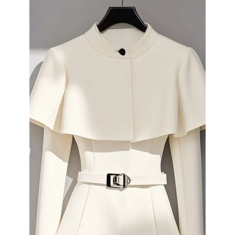 

Temperament White Bodycon Jackets Women Fashion Clothing Belt Slim Waist Outwear Ropa Mujer All Match O Neck Cropped Coats Tops
