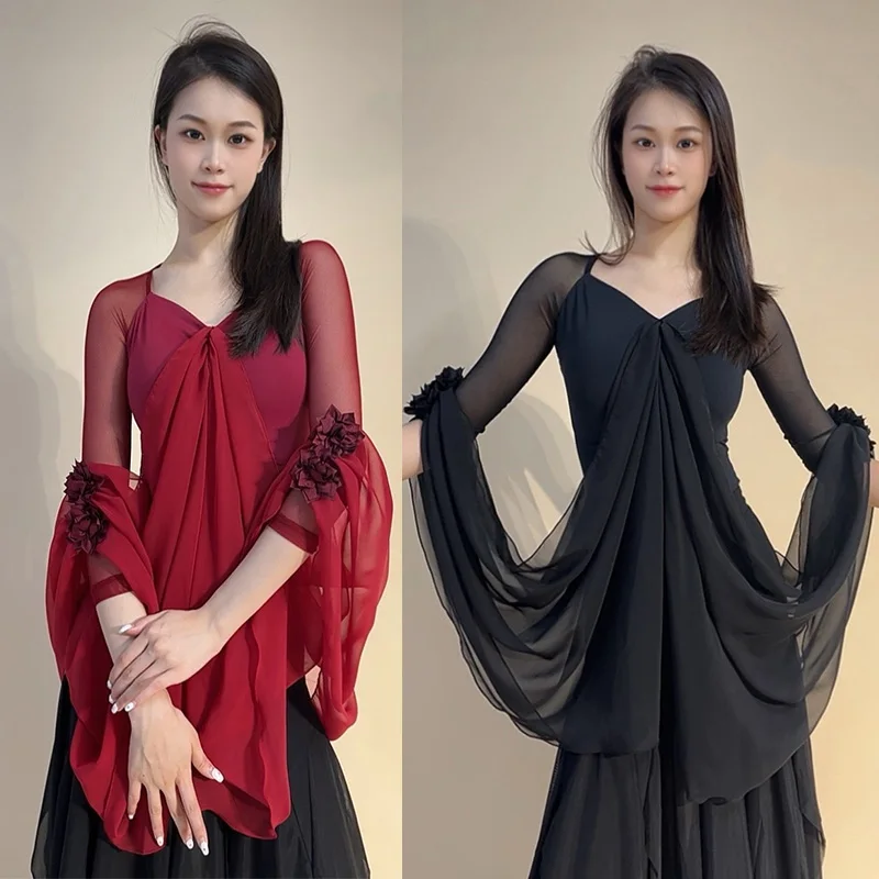 

Ballroom Dance Clothes Women Floating Sleeves Tops Adult Waltz Dance Performance Competition Clothing Practice Leotards BL16175