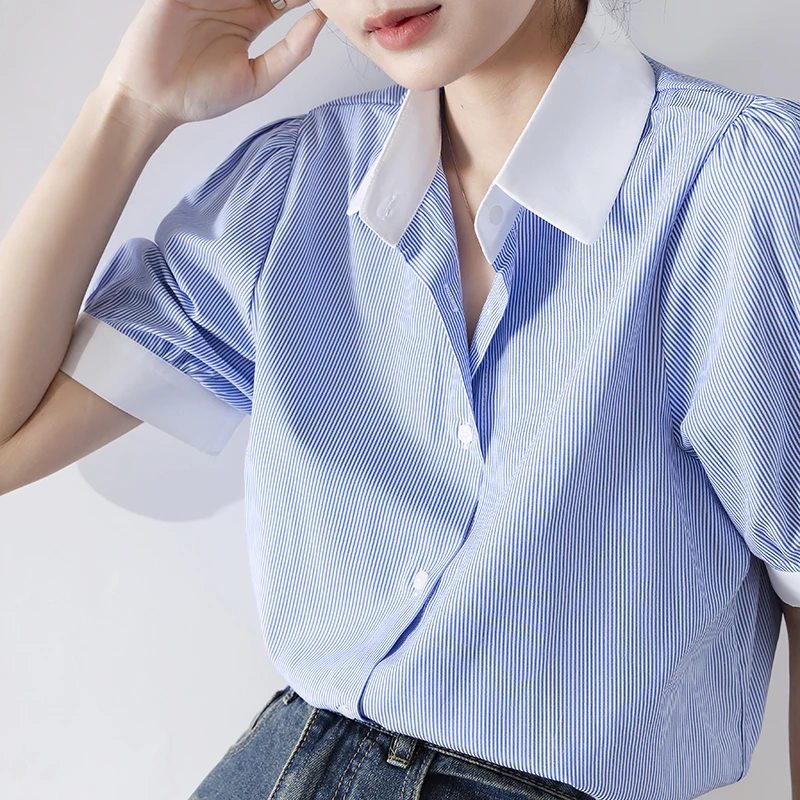 

QOERLIN Professional OL Style Blue Striped Shirts Women Short Sleeve Single-Breasted Blouse Loose Casual Summer Button Down Tops