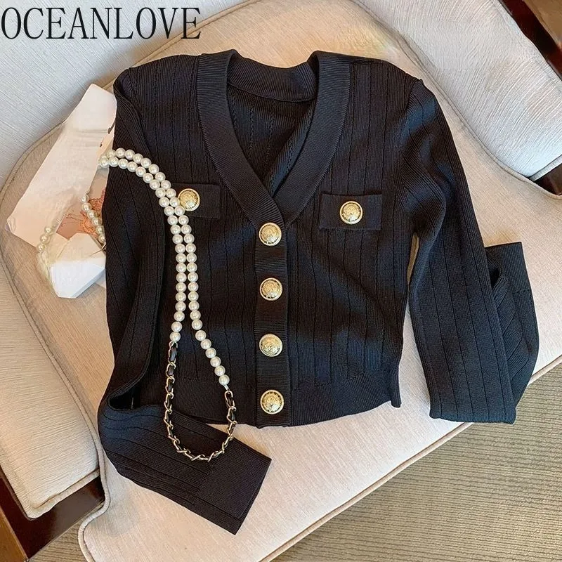 OCEANLOVE Short Cardigans Solid Korean Fashion V Neck Autumn Winter Clothes Women Sweaters Retro Elegant Ropa De Mujer