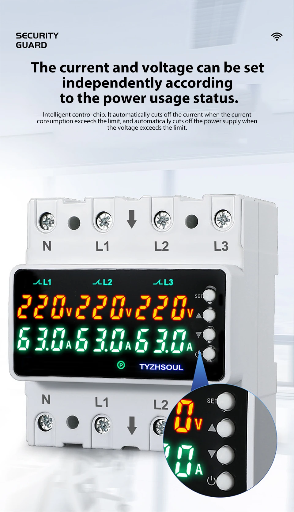 3 Phasen 63 A/100 A DIN-Schiene Voltmeter Amperemeter Einstellbare Über- und Unterspannung Strombegrenzung Schutz Monitor Relais Schutz – Detail 4