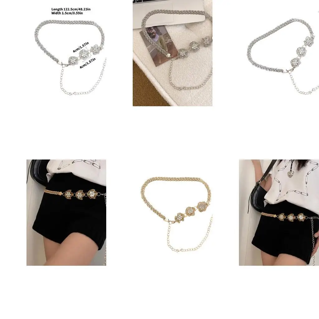 

39BB Versatiles Rhinestones Waist Chain Flower Sophisticated Metal Waist Chain Elegant Waist Accessory
