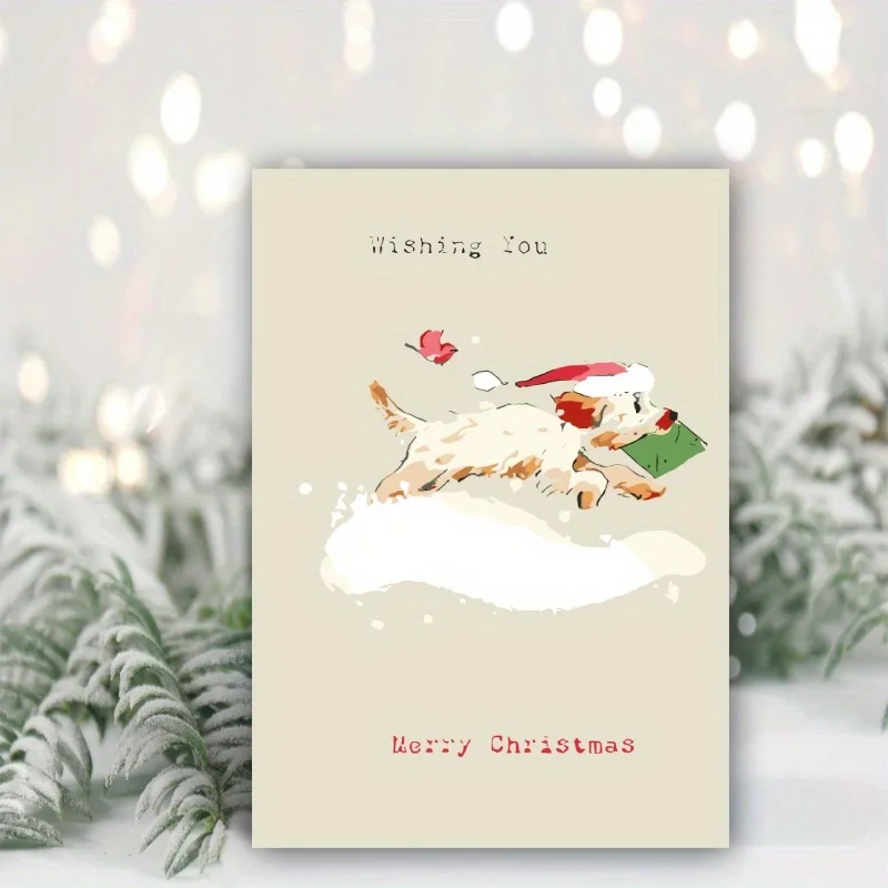 1szt, Happy Christmas Time Card, Wesoła i jasna świąteczna karta, kartka świąteczna, zabawny pies z kartką świąteczną z literą