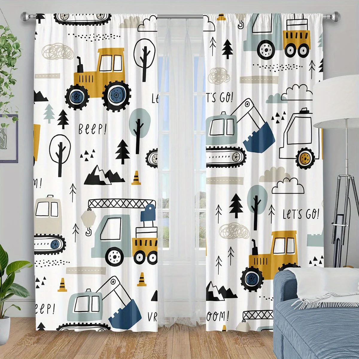 Kids’ Truck Curtains 2pcs – Cartoon Construction Vehicles with Trees & Clouds, Fun Playroom Decor for Boys’ Bedroom and Nursery