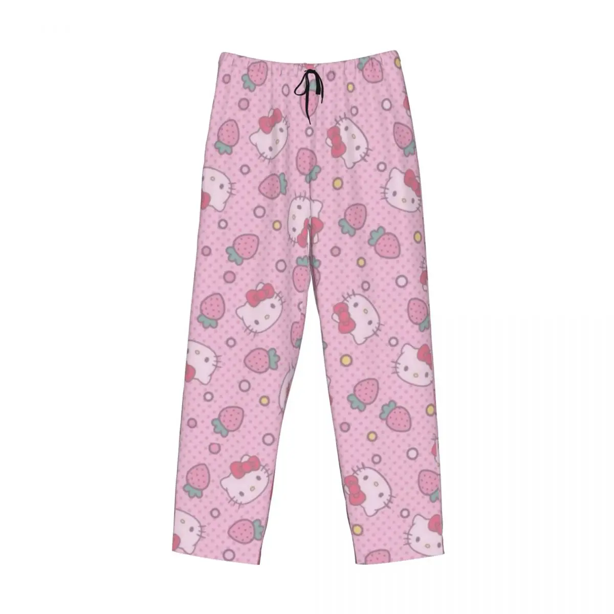 Pantalones de pijama de Hello Kitty para hombre, ropa de dormir elástica, con lazo rosa personalizado, Anime, con bolsillos