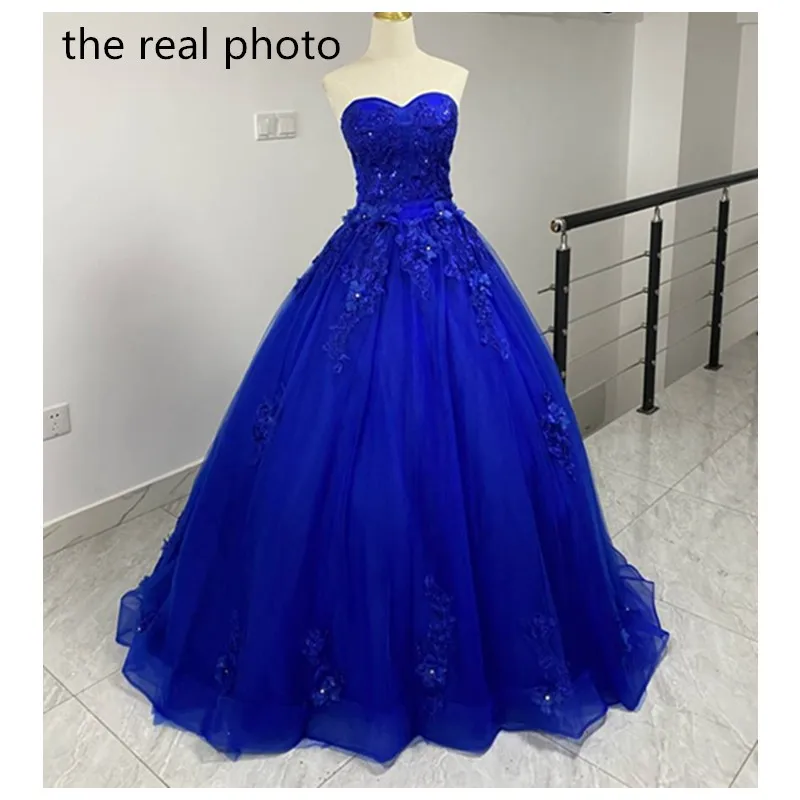 Sexy Strapless Vestidos  Quinceaneras Classic Appliques Ball Gown Flower Women New Tulle Vestido De Baile With Train Customized