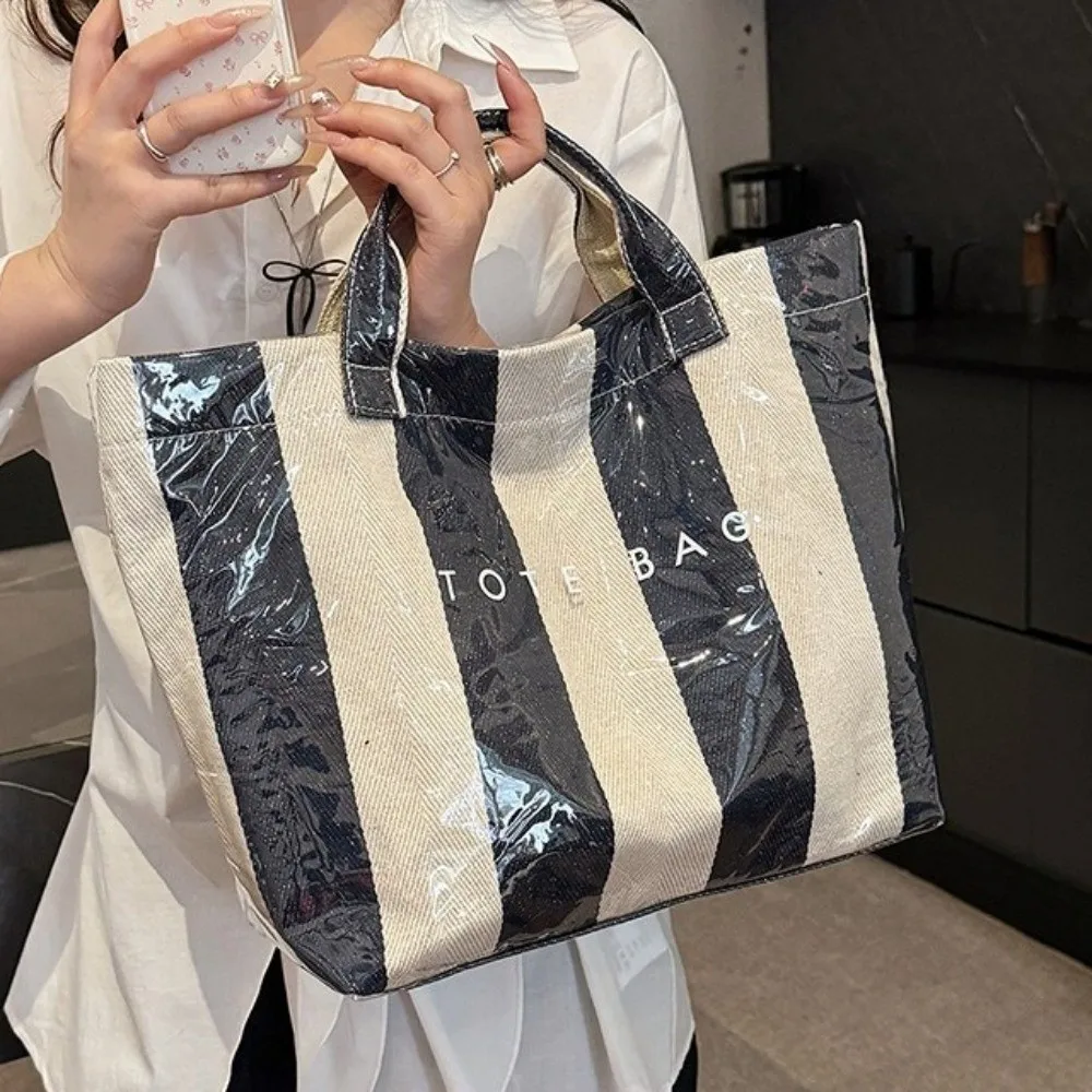 

Waterproof Striped Tote Bag Large-Capacity Color-Blocked Design PVC Handbag Fixed Shoulder Straps Inner Zipper Pocket