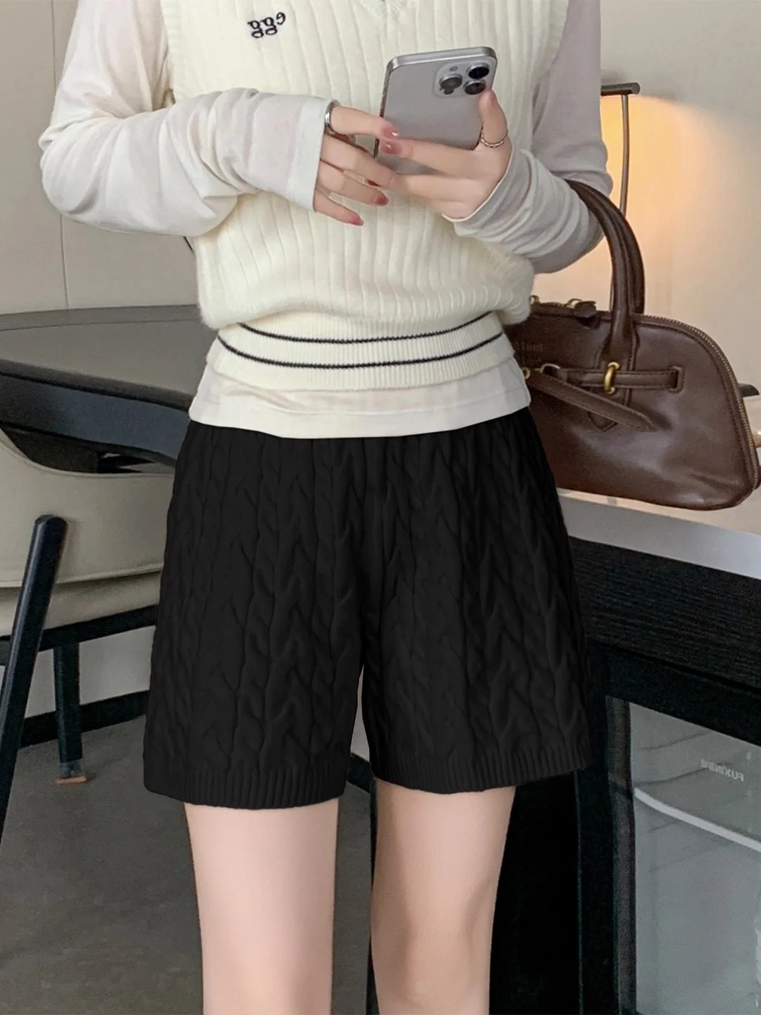 

plus Size Knitted A-Line Wide Leg Pants High Waist Slimming Texture Color Faionable for plus Size Girls