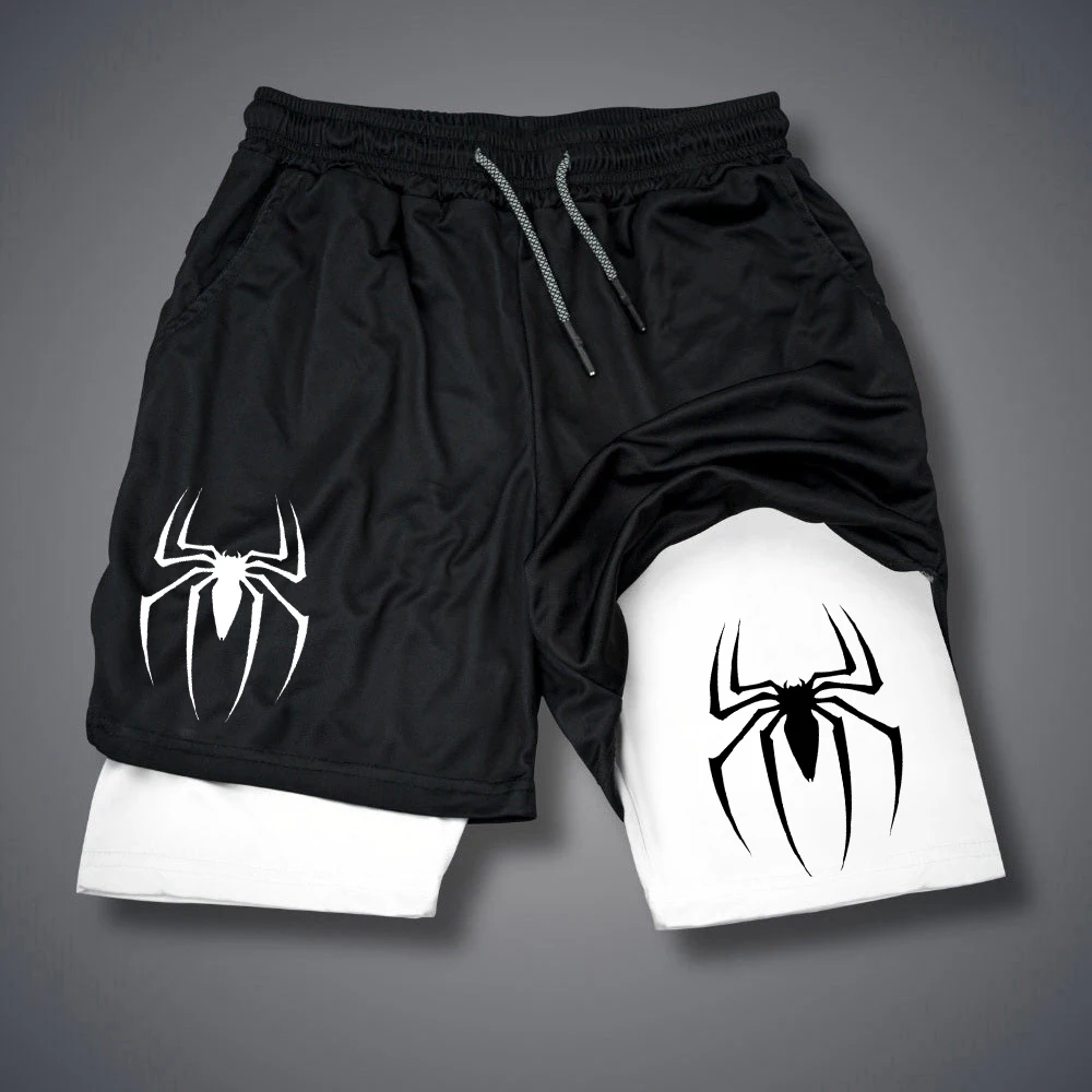 Nowe męskie spodenki wydajnościowe Spider Print GYM Casual sportowe spodenki kompresyjne Run Mesh 2 w 1 sportowe krótkie spodnie