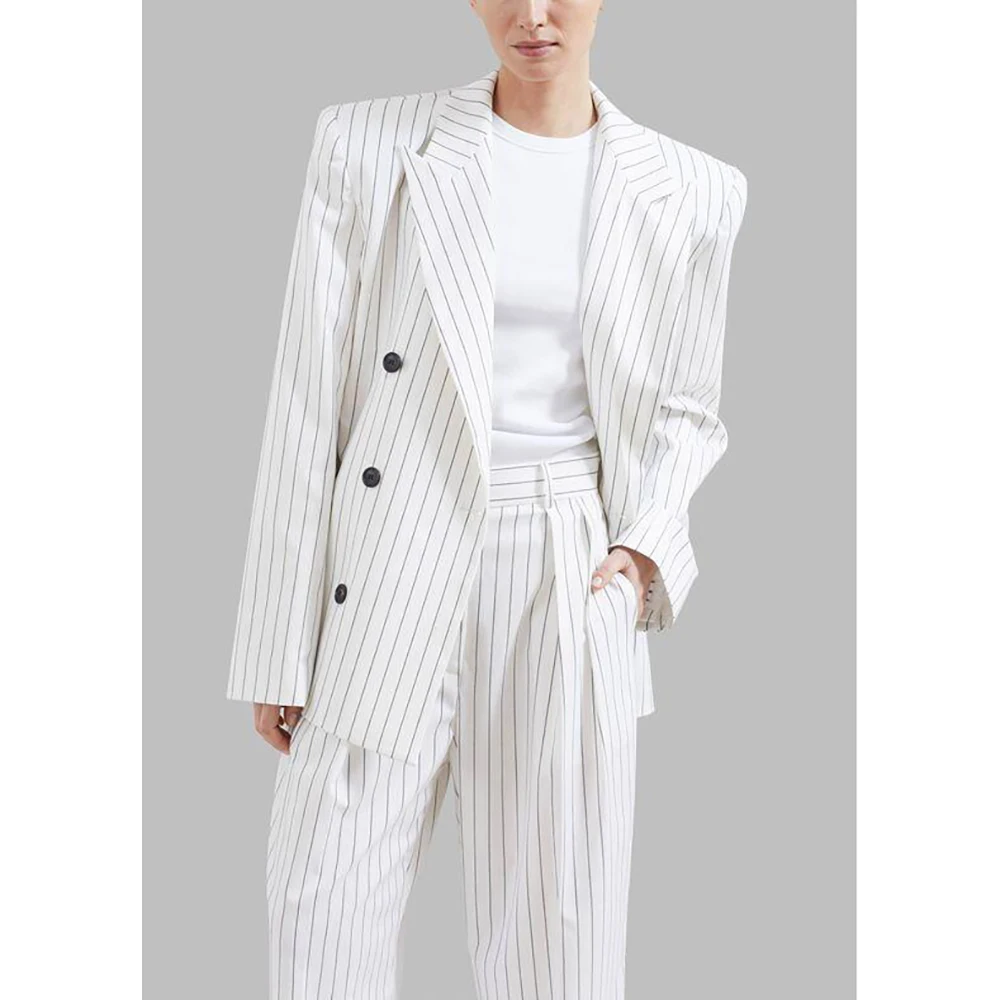 Elegant White Stripe Double Breasted Women Pants Set High-end Female Two Pieces(Jacket+Trousers)أطقم بناطيل