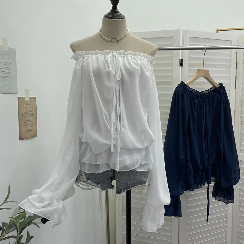 

Off The Shoulder Chiffon Shirt Women Autumn Strap-up Long-sleeved Ruffle Edge Loose Top Blouse