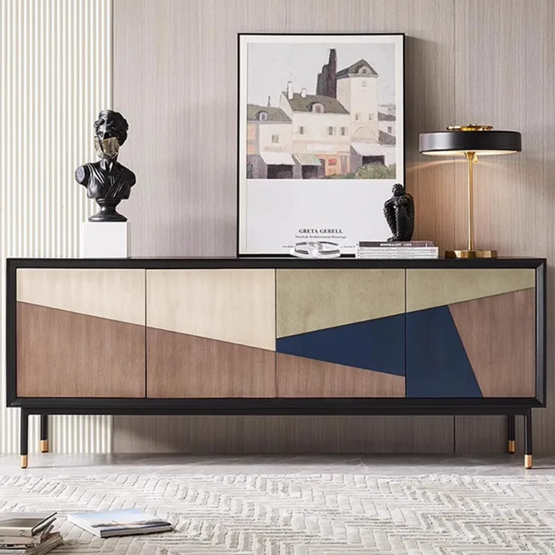 TV cabinet modern simple solid wood TV cabinet high black living room small apartment minimalist floor cabinet 2