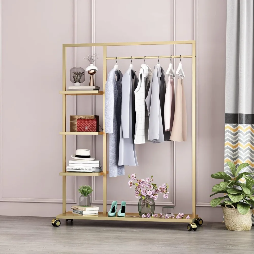

Gold Clothing Racks with Shelf, Boutiques Retail Display Gold Clothes Rack, Multiple Uses Heavy Duty Garment Rack for Hanging Ro