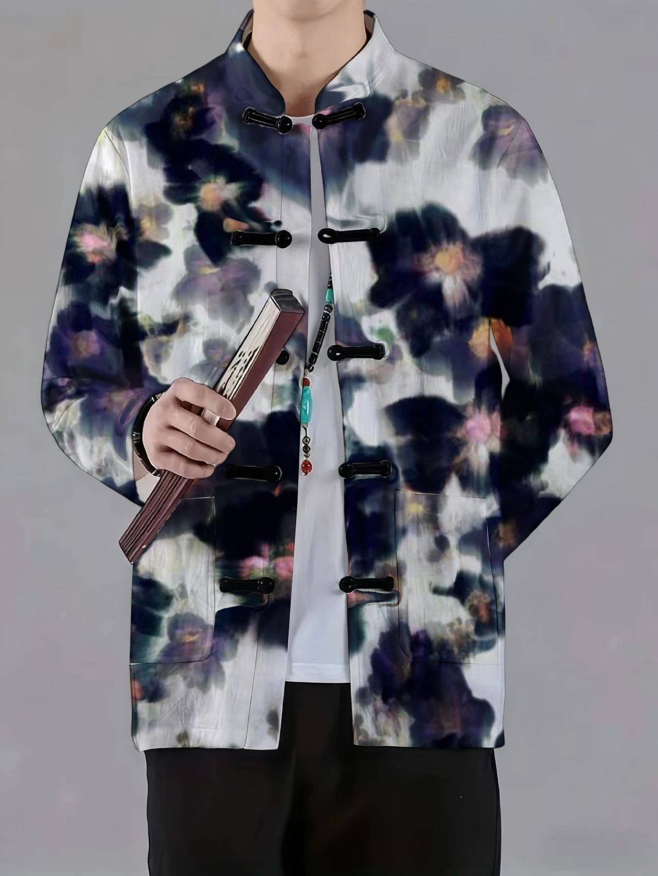 Men Mandarin Collar Frog Button Long Sleeve Jacket Floral Ink Wash Art Print Casual Outerwear With Side Pockets