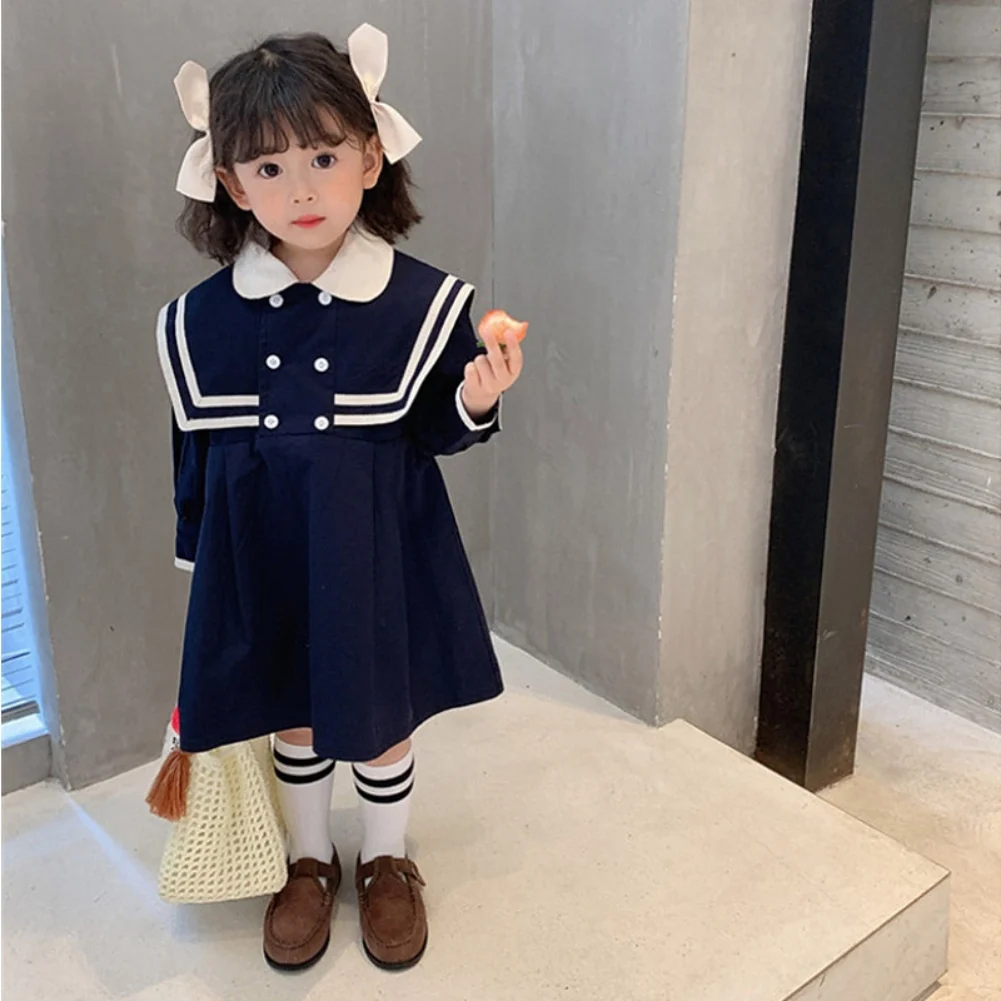 New Summer Spring Girls Dress British Style Solid Color Sailor Collar Dress Long-Sleeved Student School Dress Baby Kids Clothing