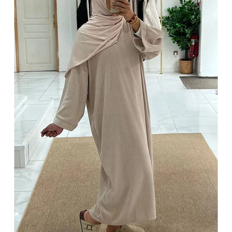 Corduroy Abaya Winter With Side Pocket Thick Warm Ramadan Islamic Clothing High Quality Muslim Women Long Sleeve Modest Dress