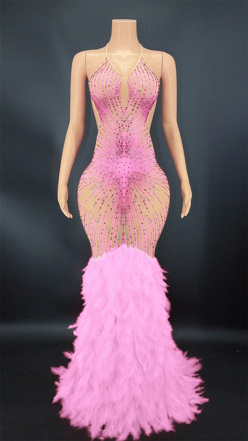 

Multi Color Shining Diamonds Gorgeous Feathers Sexy Backless Halter Mermaid Floor Length Evening Dress Singer Stage Show Vestido