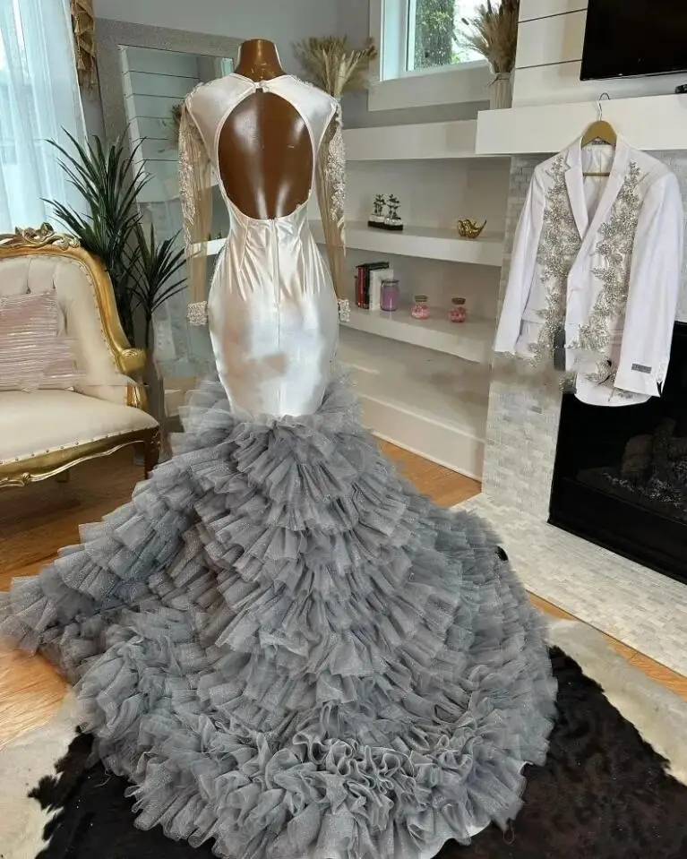 Luxury Silver Prom Dresses customsized Sheer Neck Sparkly Rhinestone Evening Dress Long Sleeves Black Girls Party Gowns