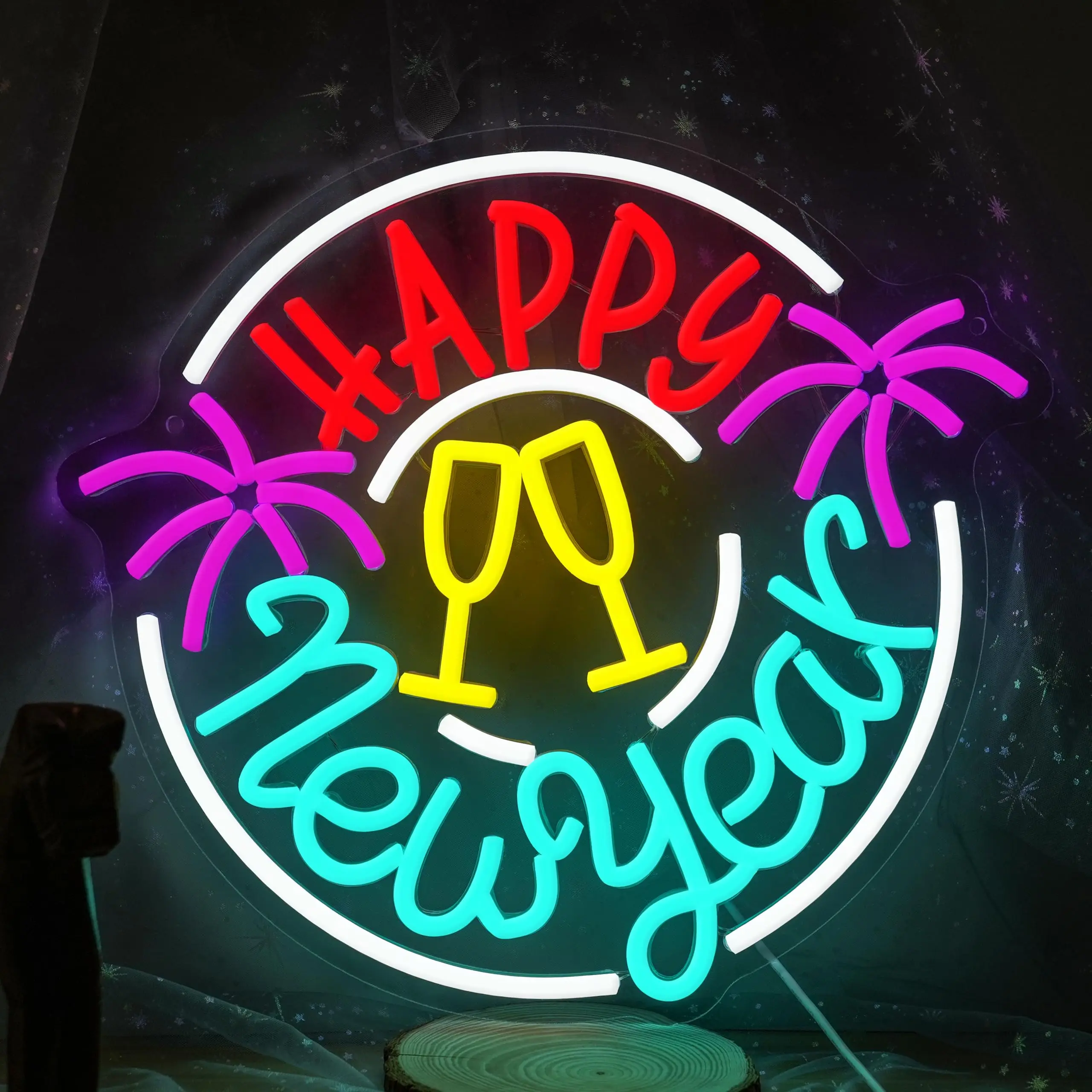 سنة جديدة سعيدة النيون تسجيل عكس الضوء الشمبانيا نظارات الألعاب النارية LED النيون تسجيل جدار ديكور ليلة رأس السنة الجديدة حفلة المنزل بار عطلة #1