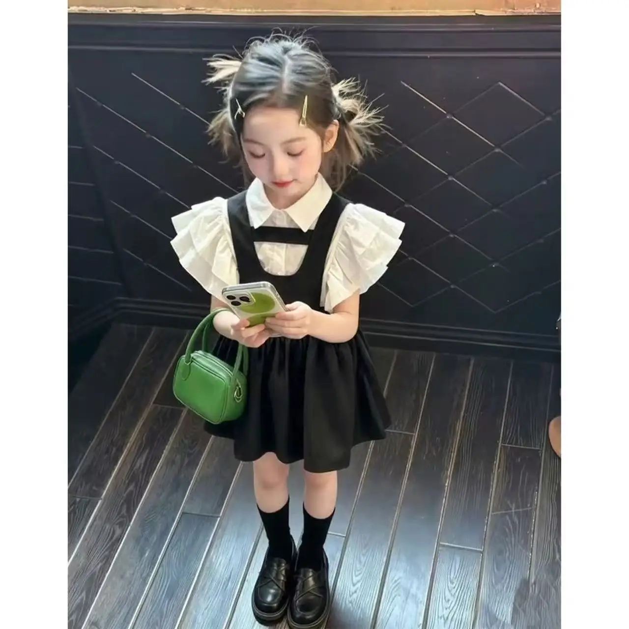 New Girls' Summer Set Fashion Children's College Style Short Sleeve Shirt Black Strap Skirt Two Piece Set 90-150cm