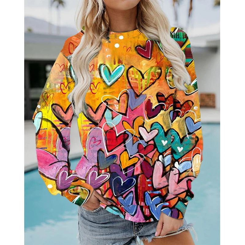 Colorful Heart Pattern Graffiti Art Love 3D Print Sweatshirts Women Long Sleeve Hoodies Streetwear Pullovers Top Female Clothing