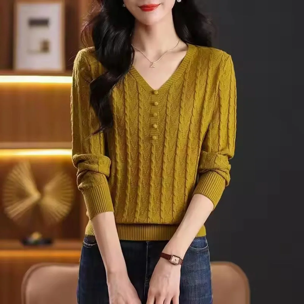 

Autumn Winter Clothing Elegant Fashion V-neck Button Pullovers Women's Casual Loose Long Sleeve Knit Top Lady All-match Sweaters